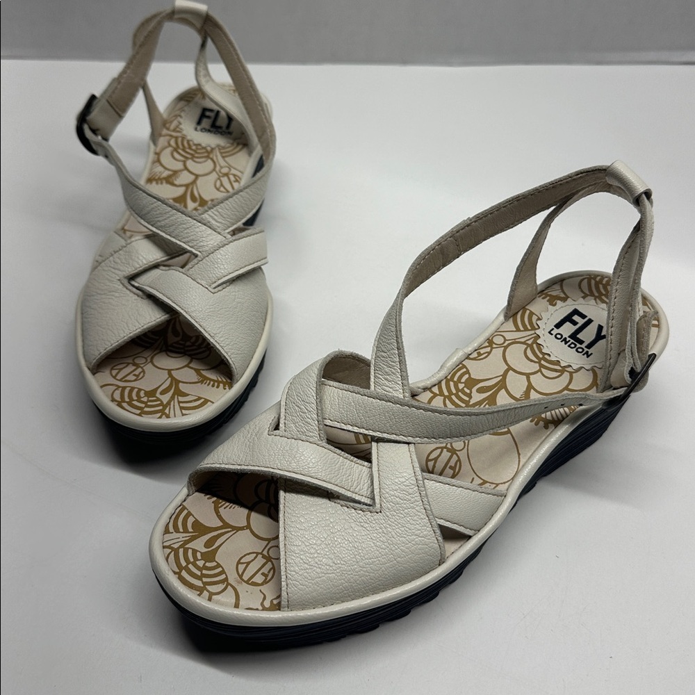 Fly London Sandals Wedges Open Toe Adjustable Strappy Leather Shoes White Size 7